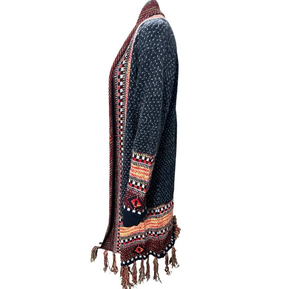 CCC Bohemian Aztec Tribal Print Knit Cardigan Fringe Multicolor Pattern Sweater - Picture 3 of 12